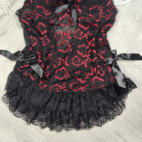 Nwts! Rene Rofe Women's Large Metalic Red & Black Lace Floral Lingerie With Bows - Picture 2 of 16